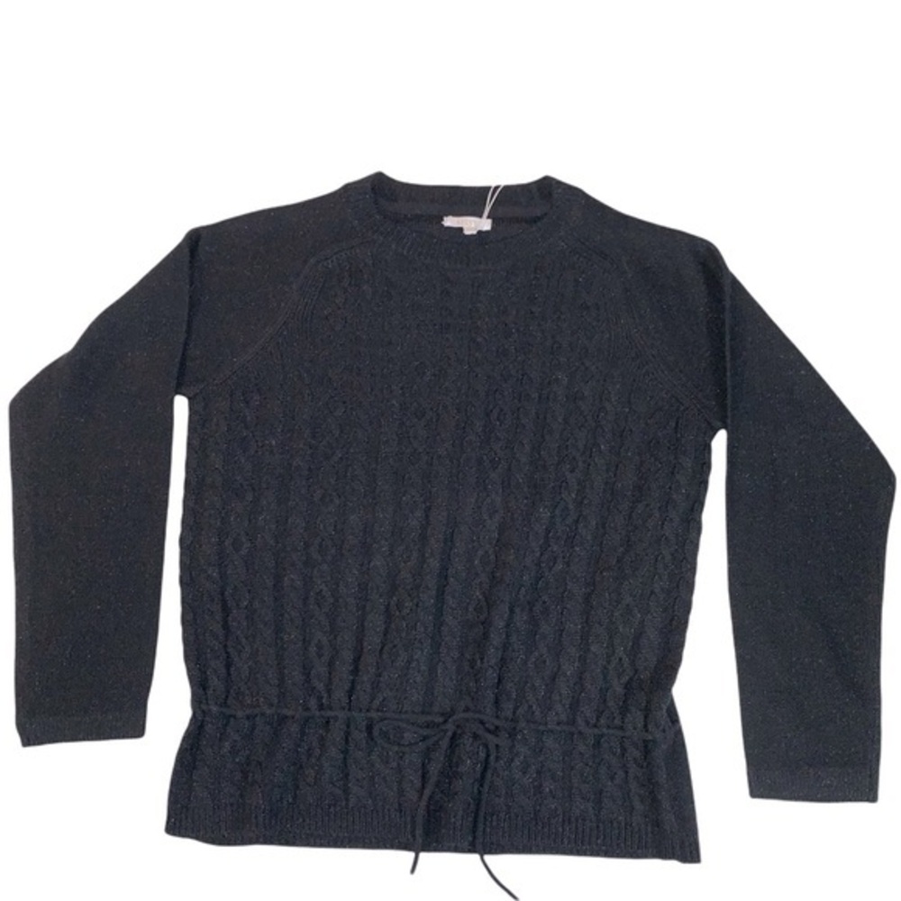 Lissy size M black shimmer crew neck long sleeve sweater with tie waist accent